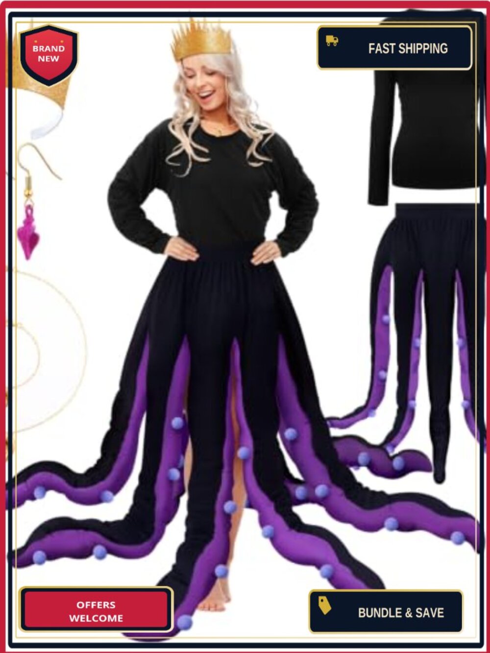 Octopus Witch Costume Set Dress Tentacles Necklace Earrings Crown